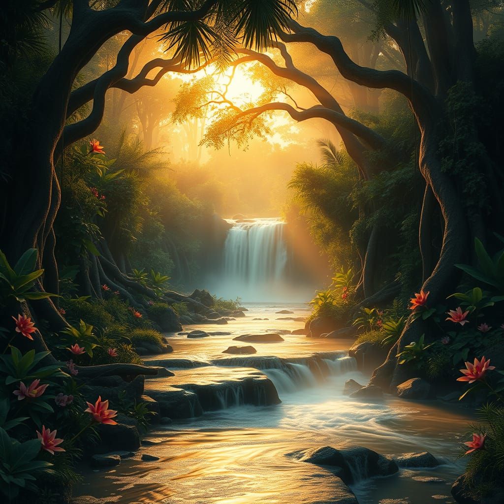 Majestic Jungle Waterfall in Warm Sunset Hues