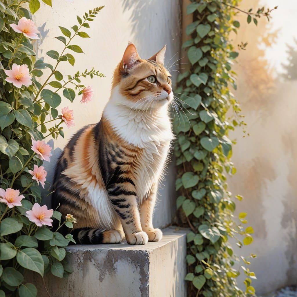 Watercolor Cat on Wall Amidst Soft Petal Colors