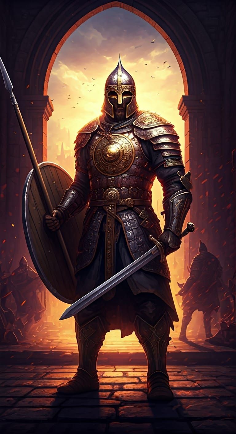 Medieval Warrior Guarding City in Dark Fantasy Style