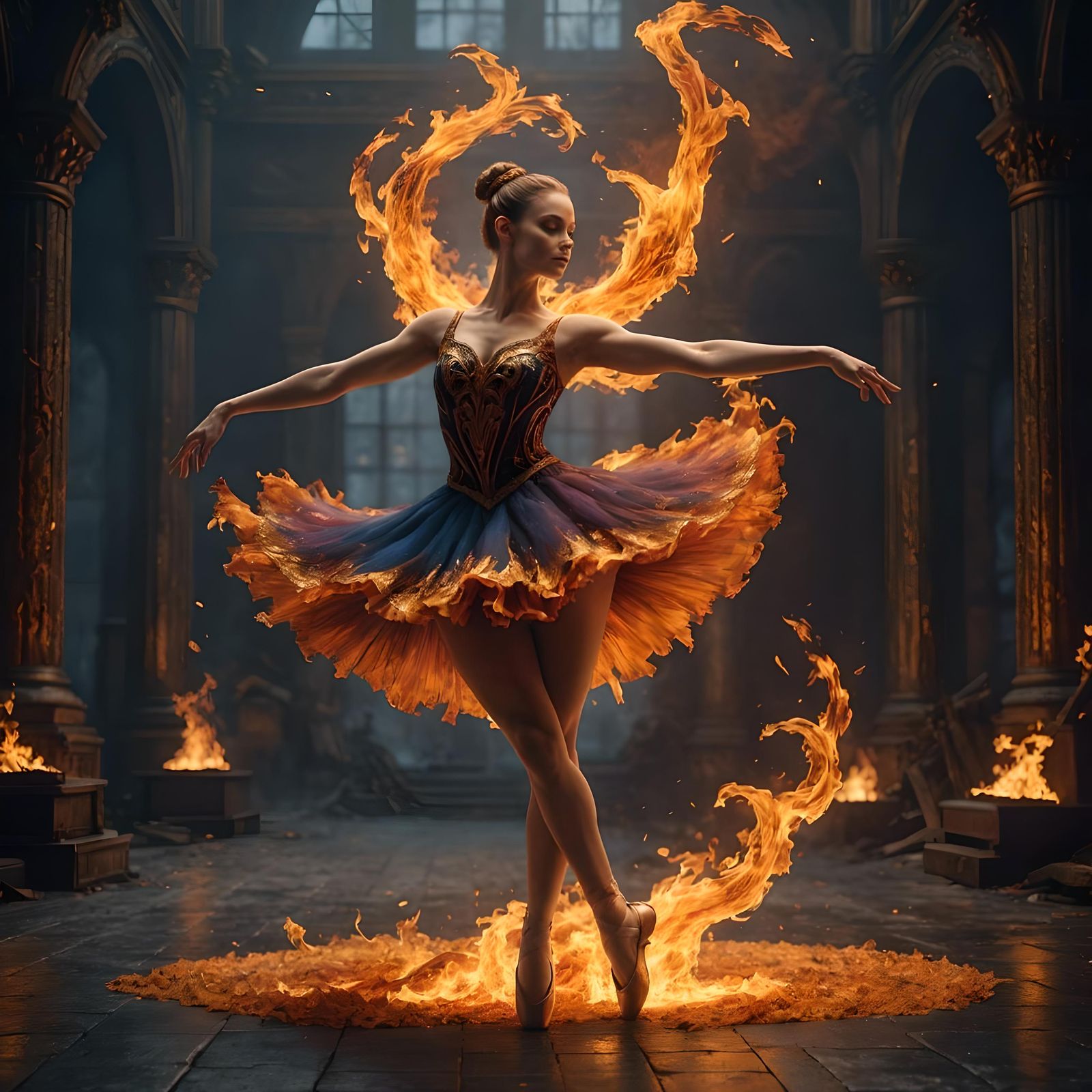 Ethereal Ballerina Made of Dancing Flames
