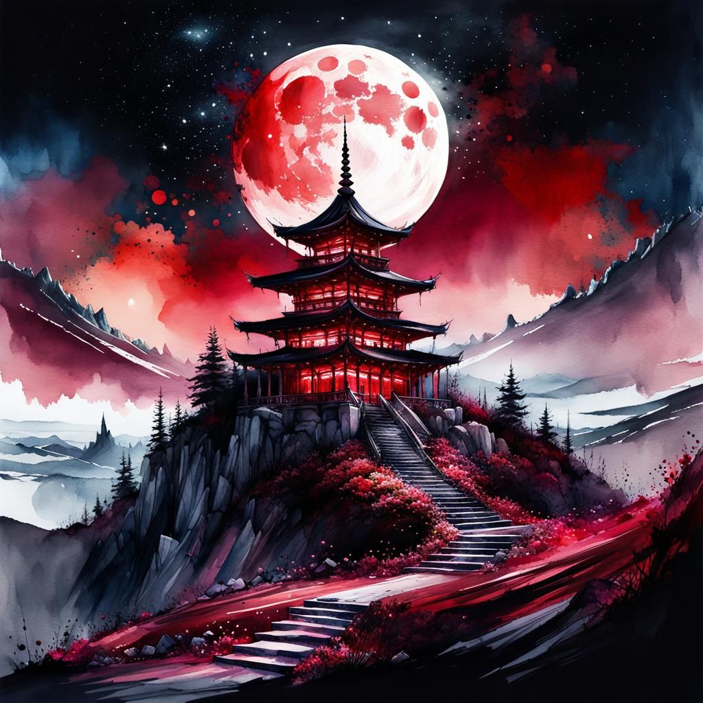 Ethereal Dark Red Temple Under Full Moon