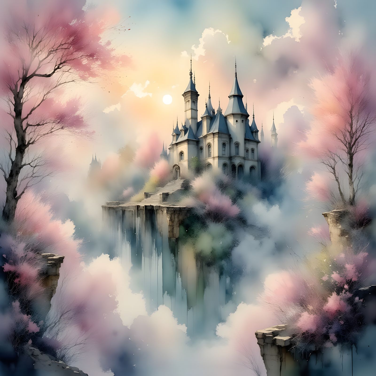 Ethereal Floating City Amidst Cotton Candy Clouds
