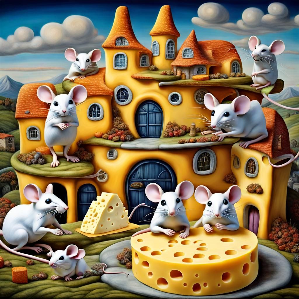 Hyper realistic magical mice creatures  in a cheese  dreamsc...