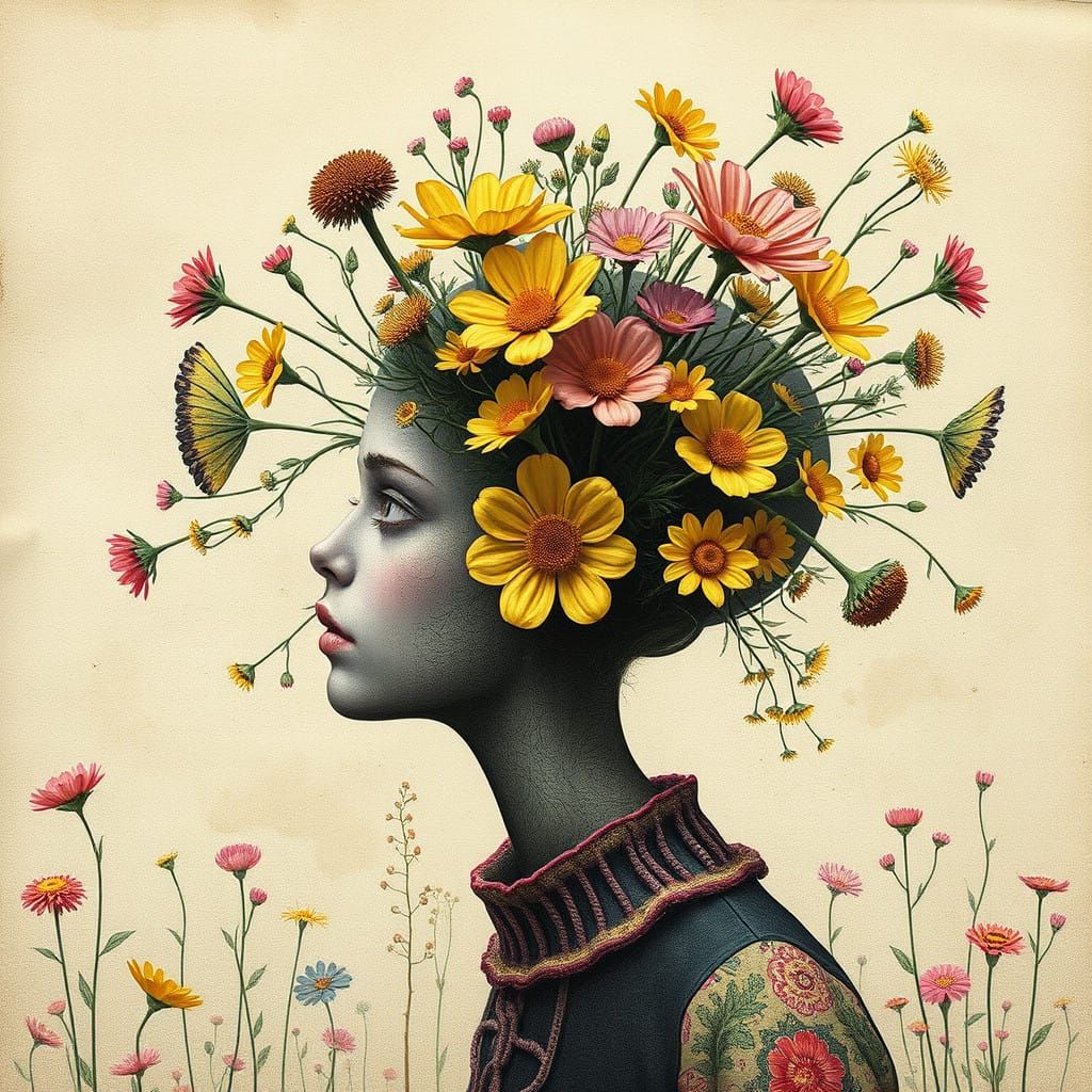 Surreal Floral Portrait in a Cyberpunk World, Inspired by th...