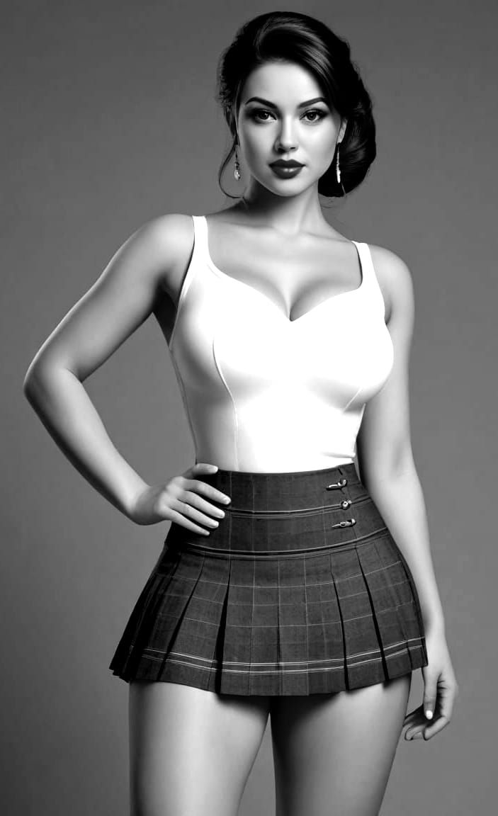 Curvy Pin-Up Model in Pleated Miniskirt