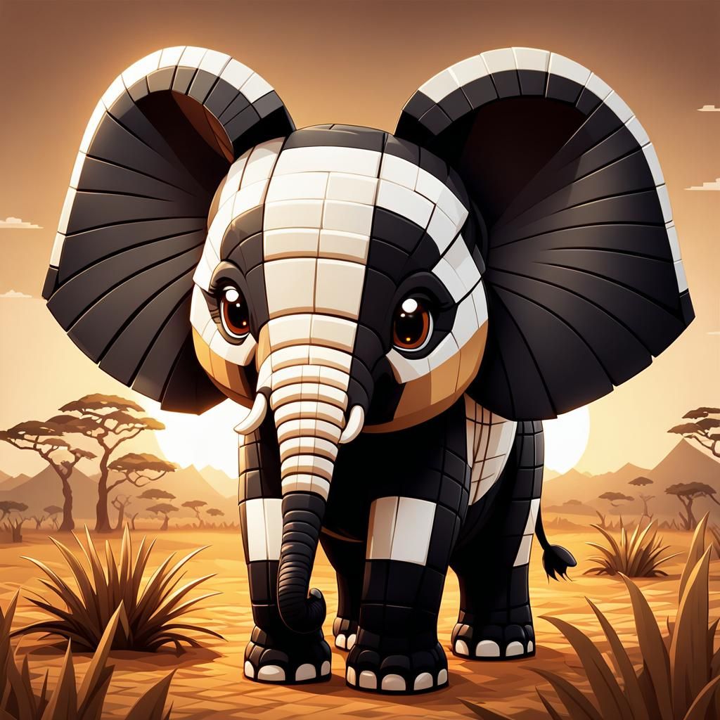 Atari-Style Chibi Elephant in Sepia-Toned Savanna