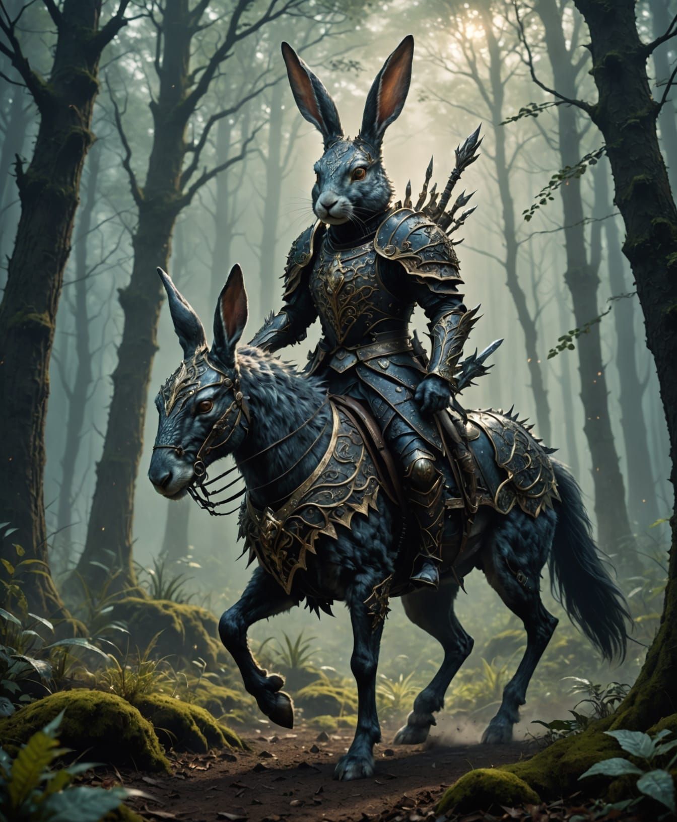 Regal Rabbit Knight Rides Spectral Steed in Dark Forest