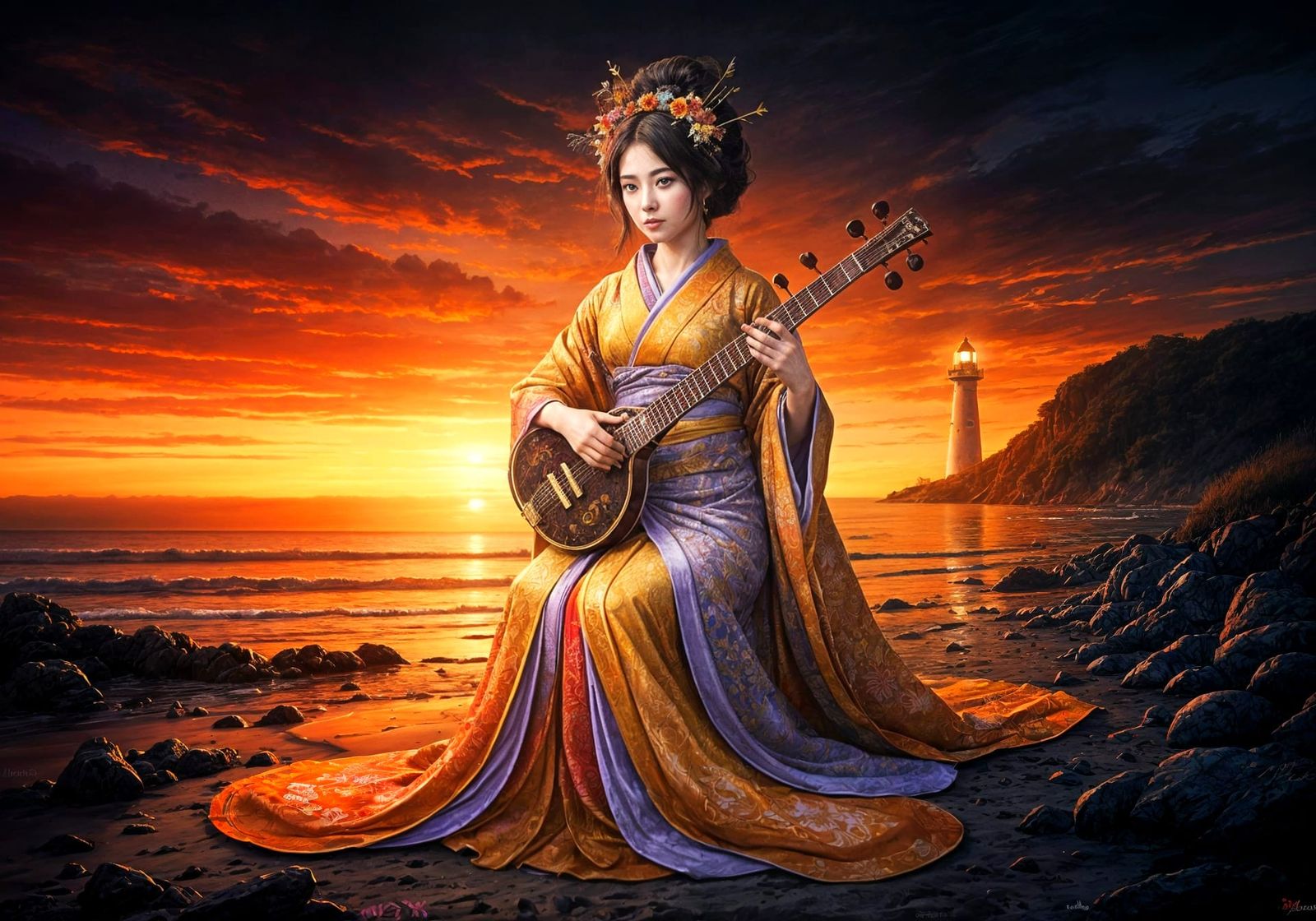 Japanese Princess Plays Sitar Under Sunset Beach Sky