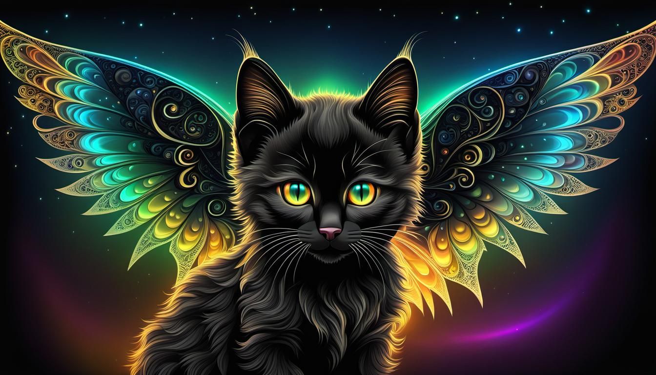 Celestial Black Kitten with Iridescent Wings