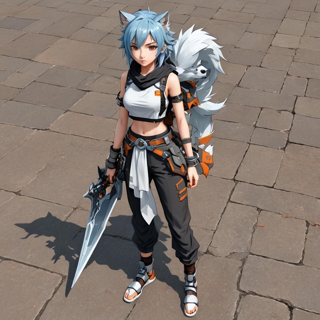 Girl Wields Greatsword in Anime-Inspired Wolf Ears Costume