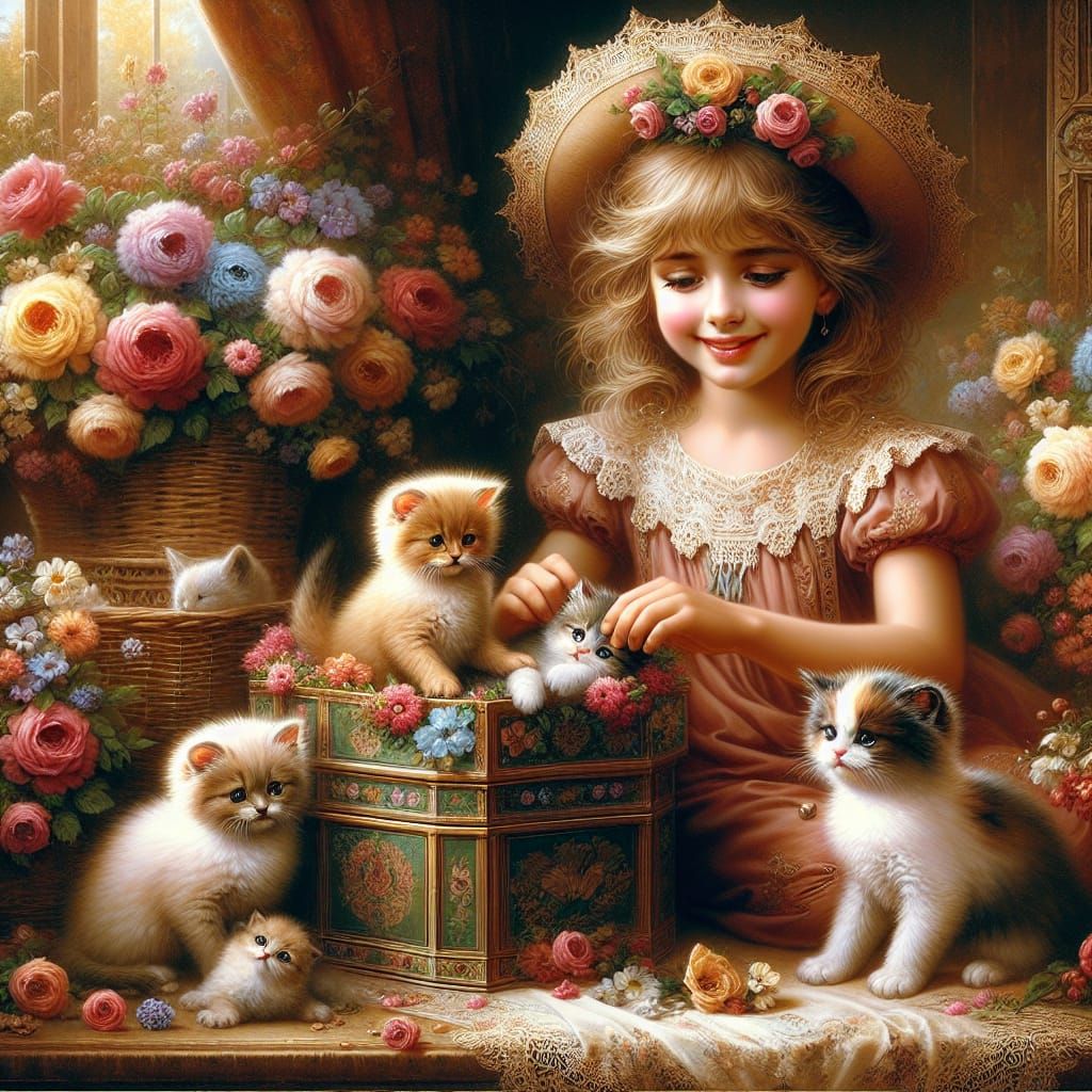 Beautiful girl and fluffy adorable kittens.