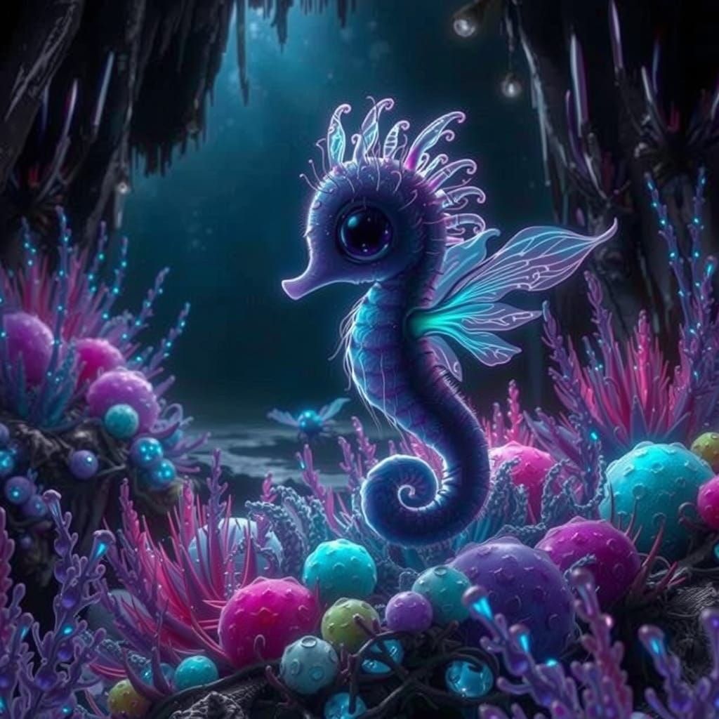 Glowing Seahorse with Wings in Crystal Cave
