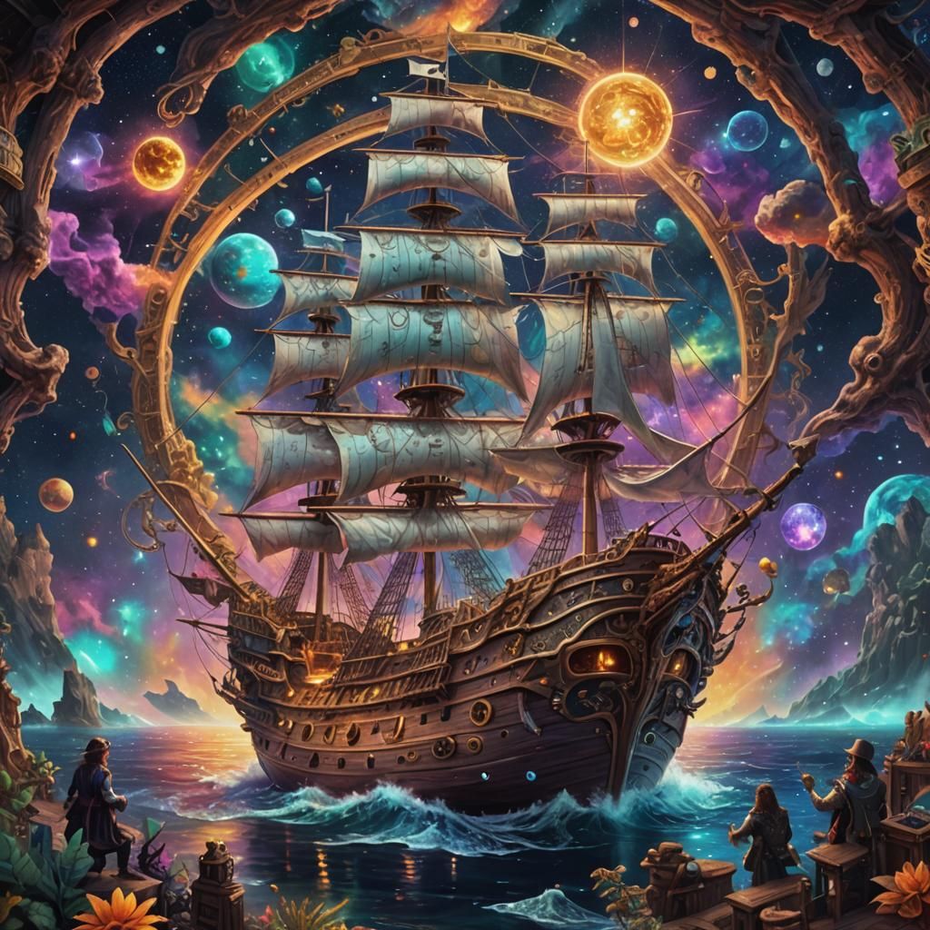 Vibrant Pirate Ship in Cosmic Holographic Illustration