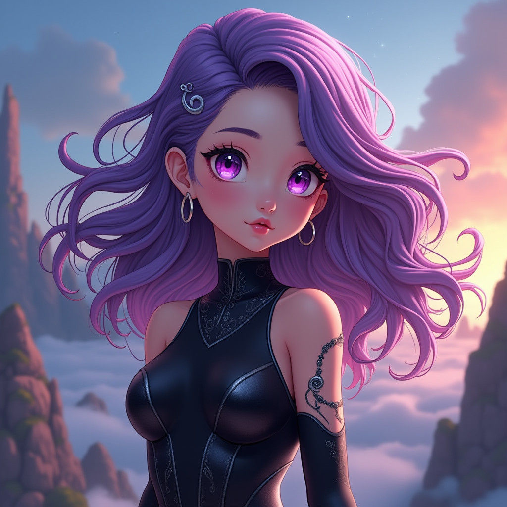 Anime Girl with Violet Eyes and Hair in Fantasy Landscape