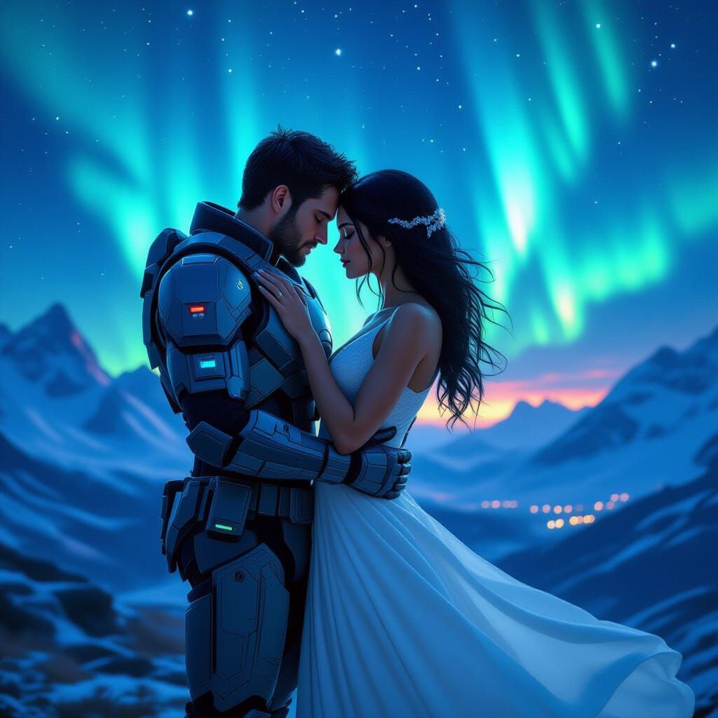 Space Soldier's Romantic Embrace Under Alien Auroras