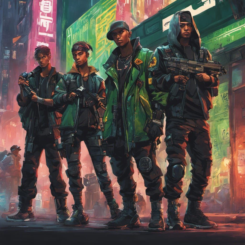 Cyberpunk Gang Members in a Futuristic Street Scene