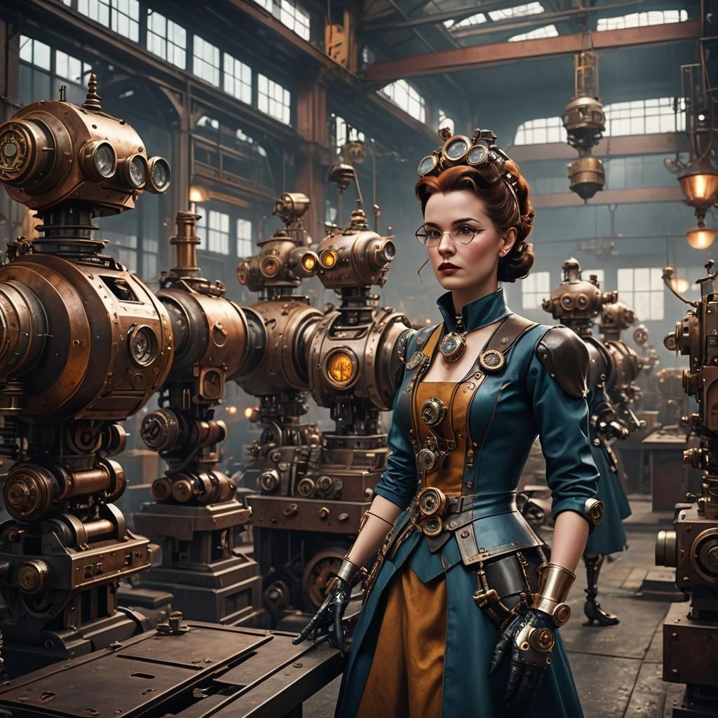 Steampunk Women in Retro Factory with Robots