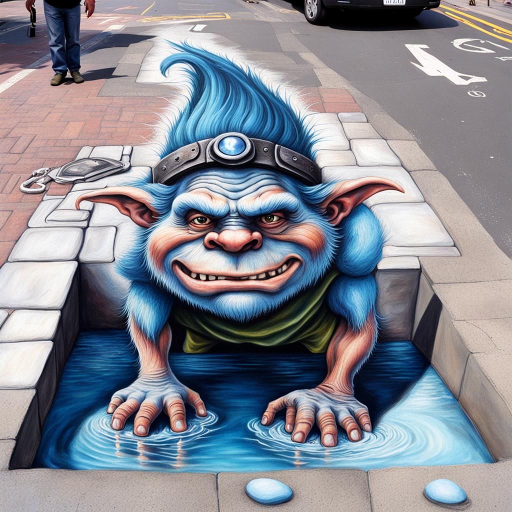 Hyperrealistic 3D Chalk Art of a Troll Emerging from the Gro...