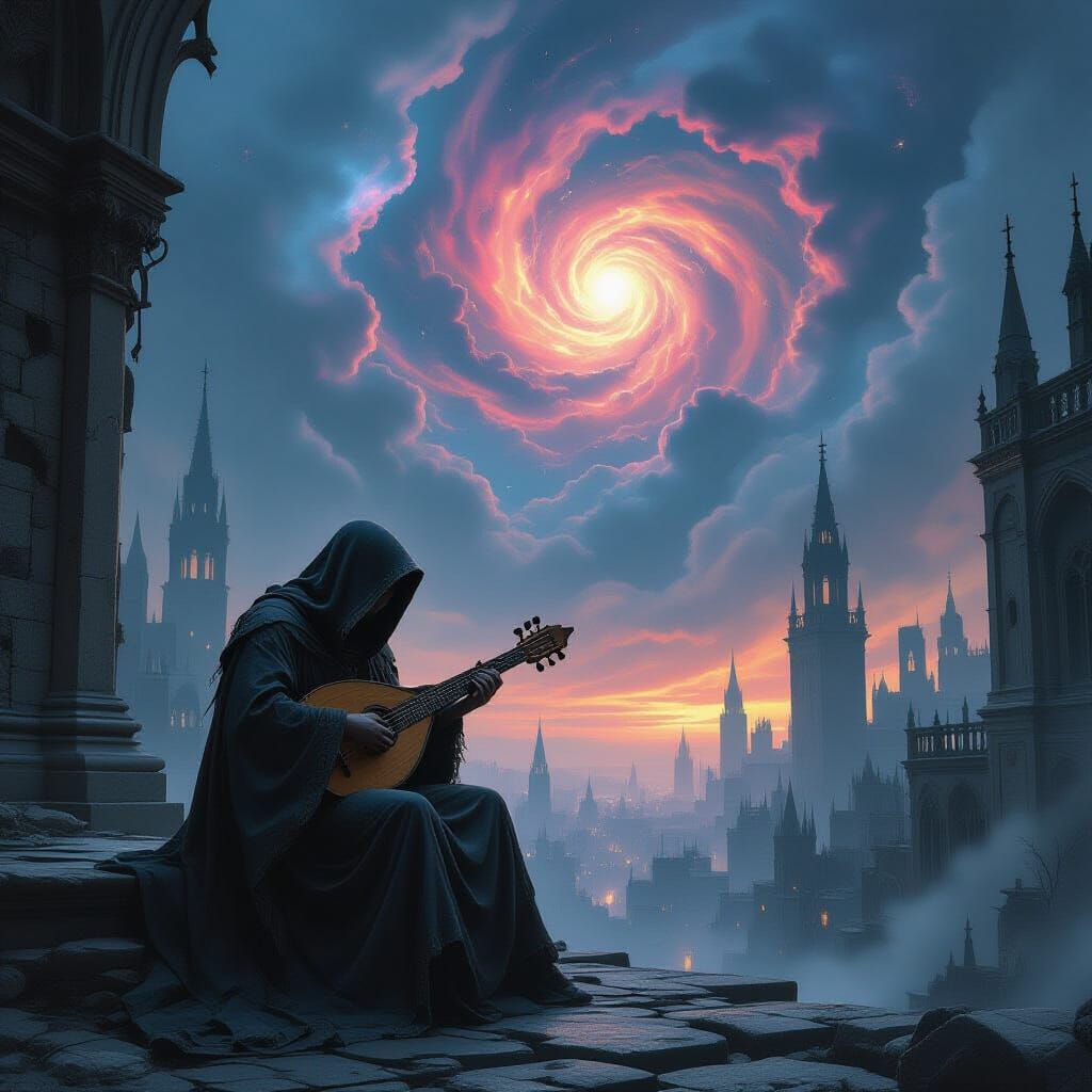 Musician Plays Spectral Lute in Gothic Cityscape