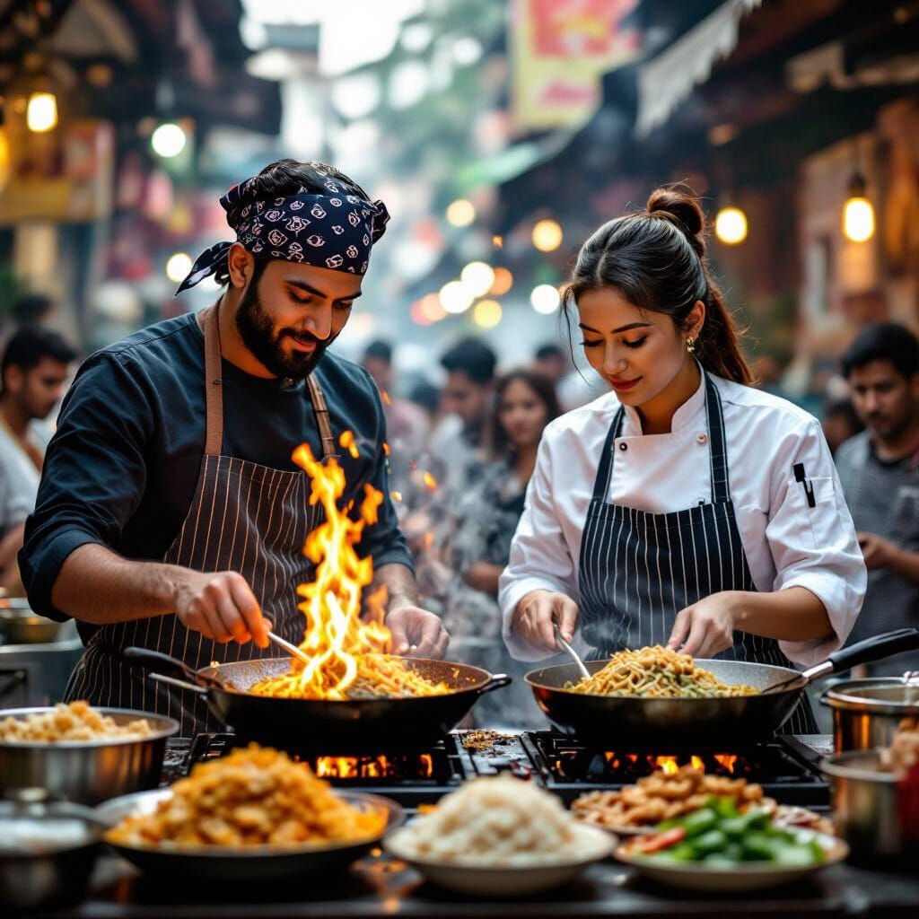 Chefs Cooking Together in Vibrant Open-Air Kitchen