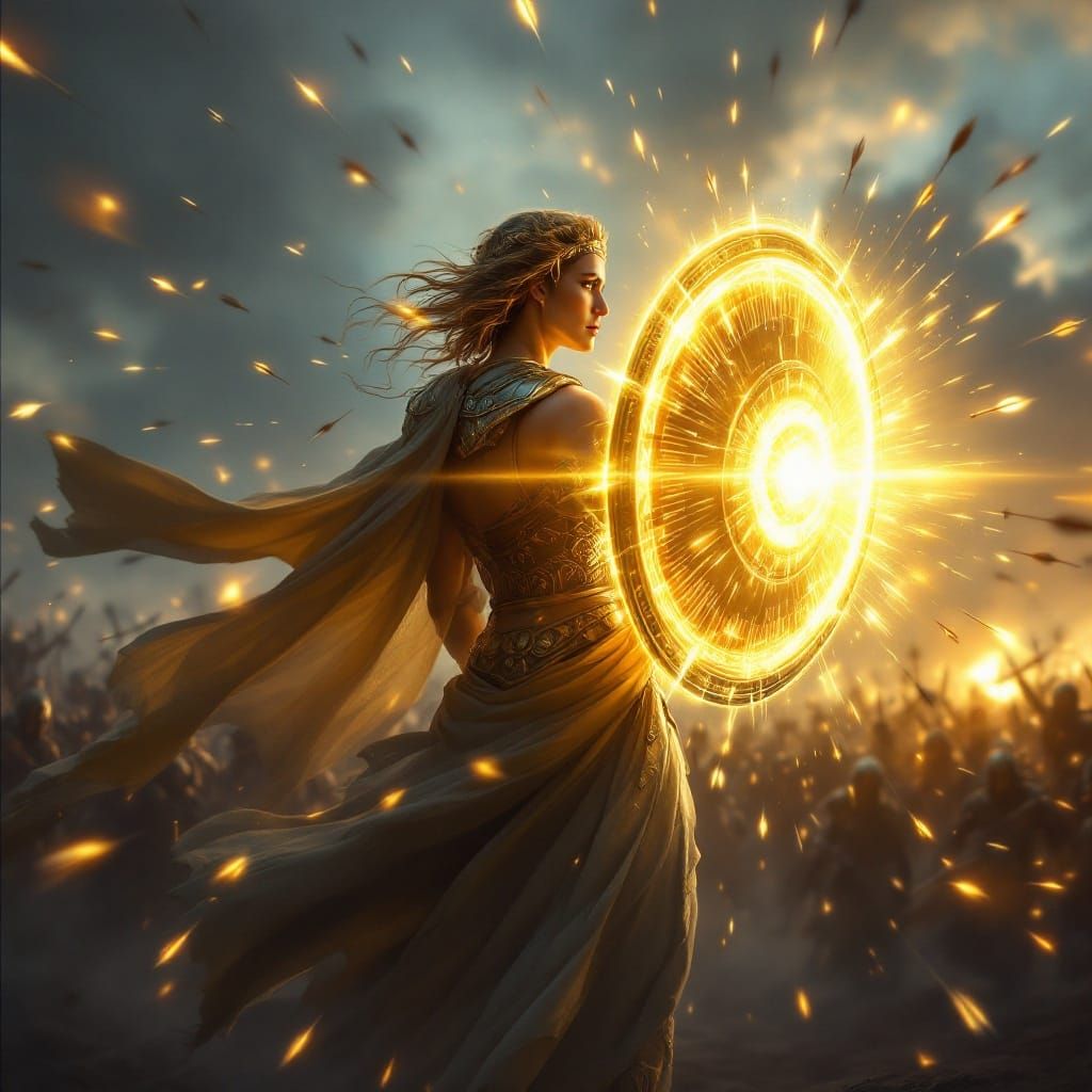 Athena Unfolds Radiant Shield in Epic Fantasy Battlefield