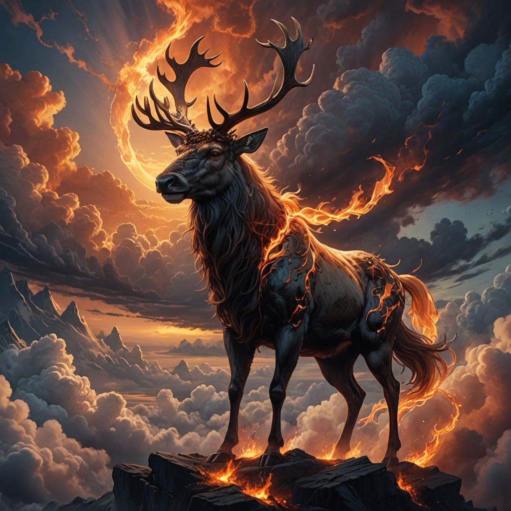 Majestic, Grand Magical Reindeer Made of Flames Walking Towa...