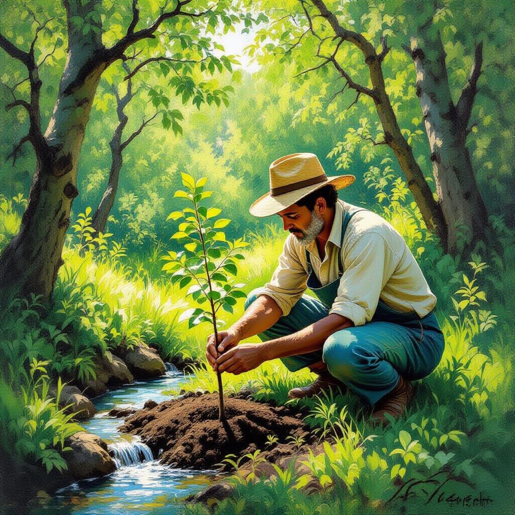 Egyptian Farmer Planting an Oak Tree: Impressionistic Style