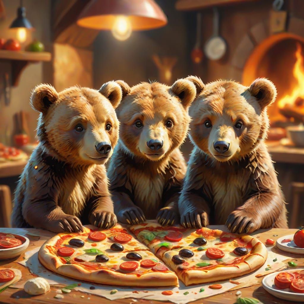 Ash Brown Bear Cubs Discovering Pizza, Oil Painting