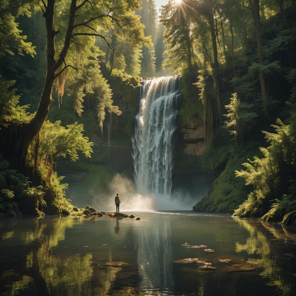 Surreal Landscape with Upward-Flowing Waterfall in Golden Li...