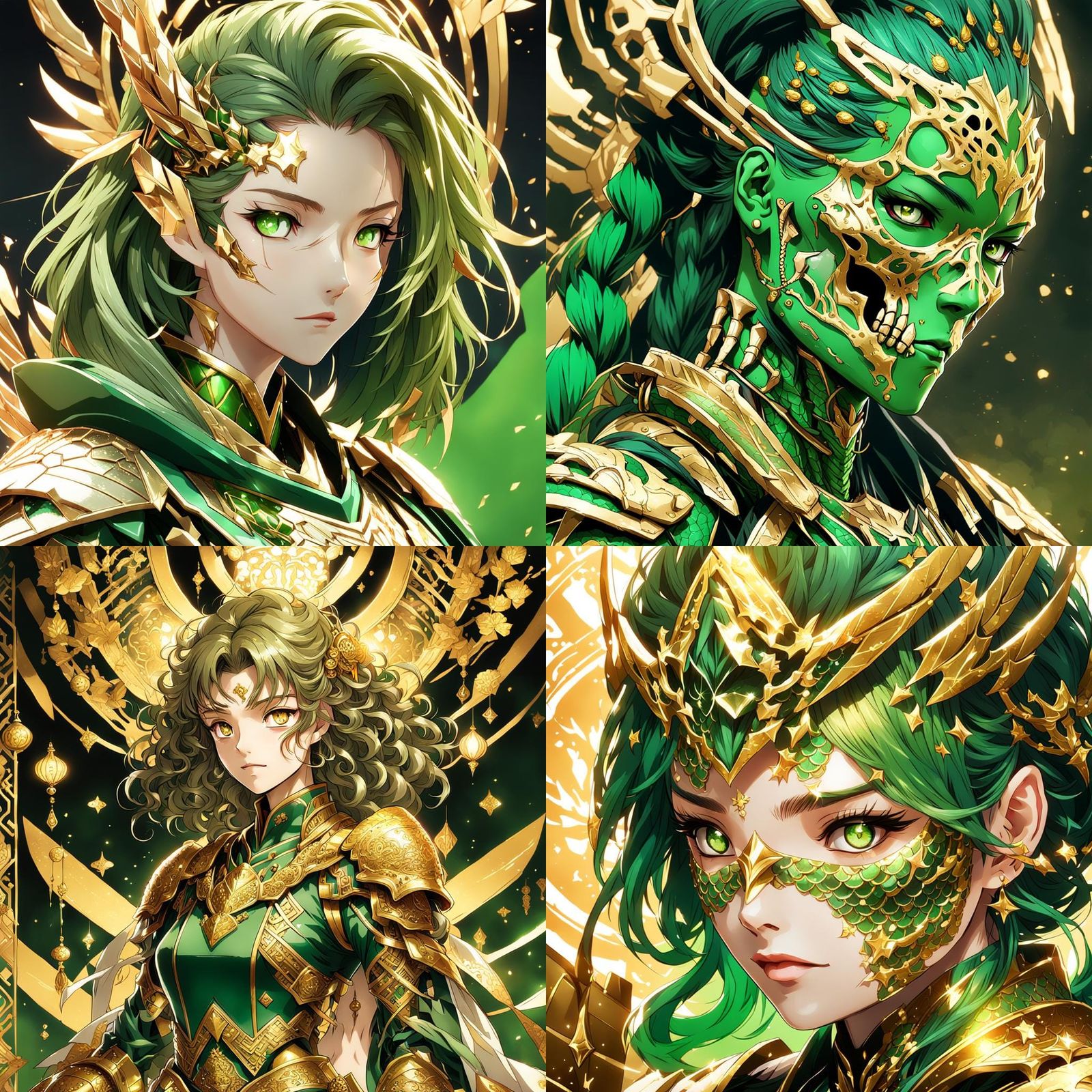 Ethereal Anime Goddess in Vibrant Green Armor