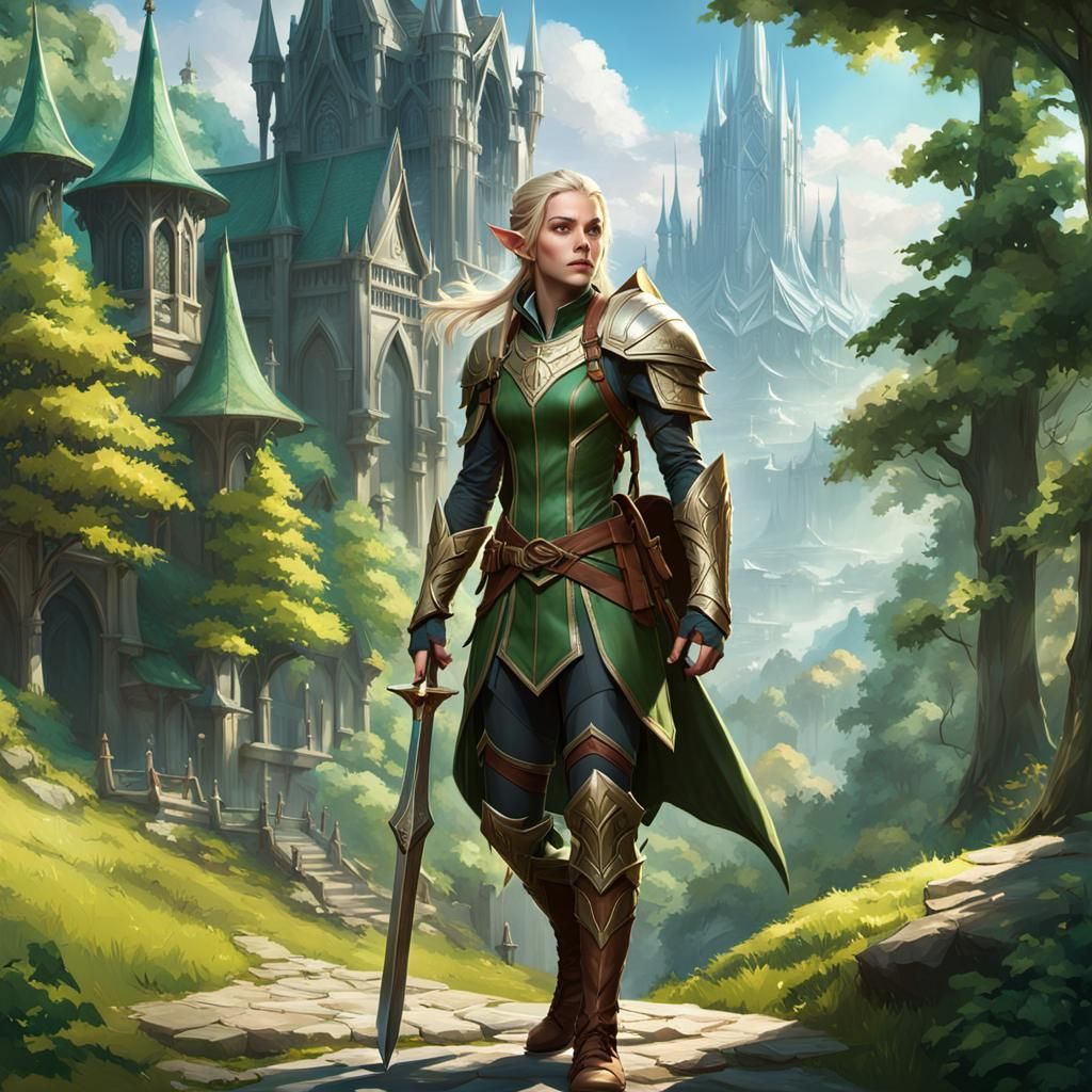 Elegant Elf Adventurer in Vibrant Woodland Scene