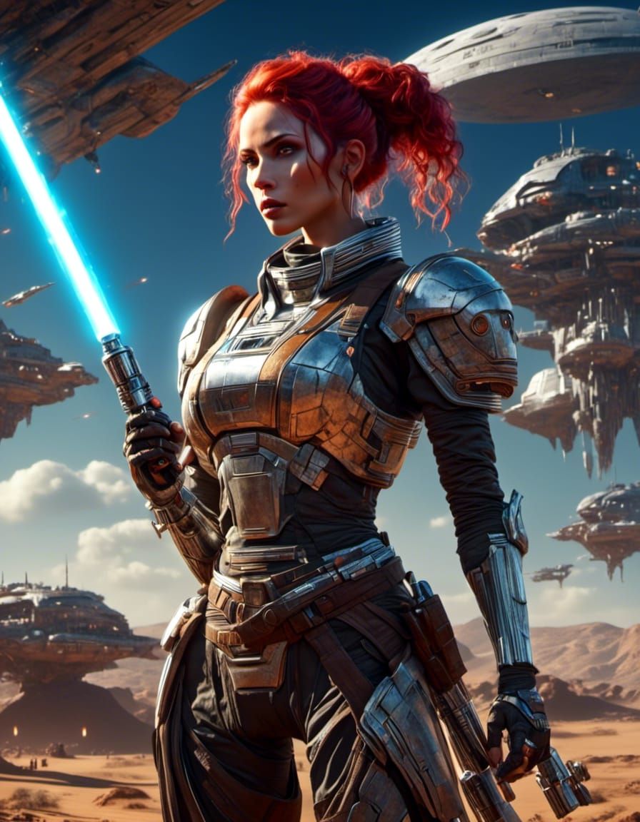 Cyborg Goddess Wields Lightsaber in Stunning Sci-Fi Portrait