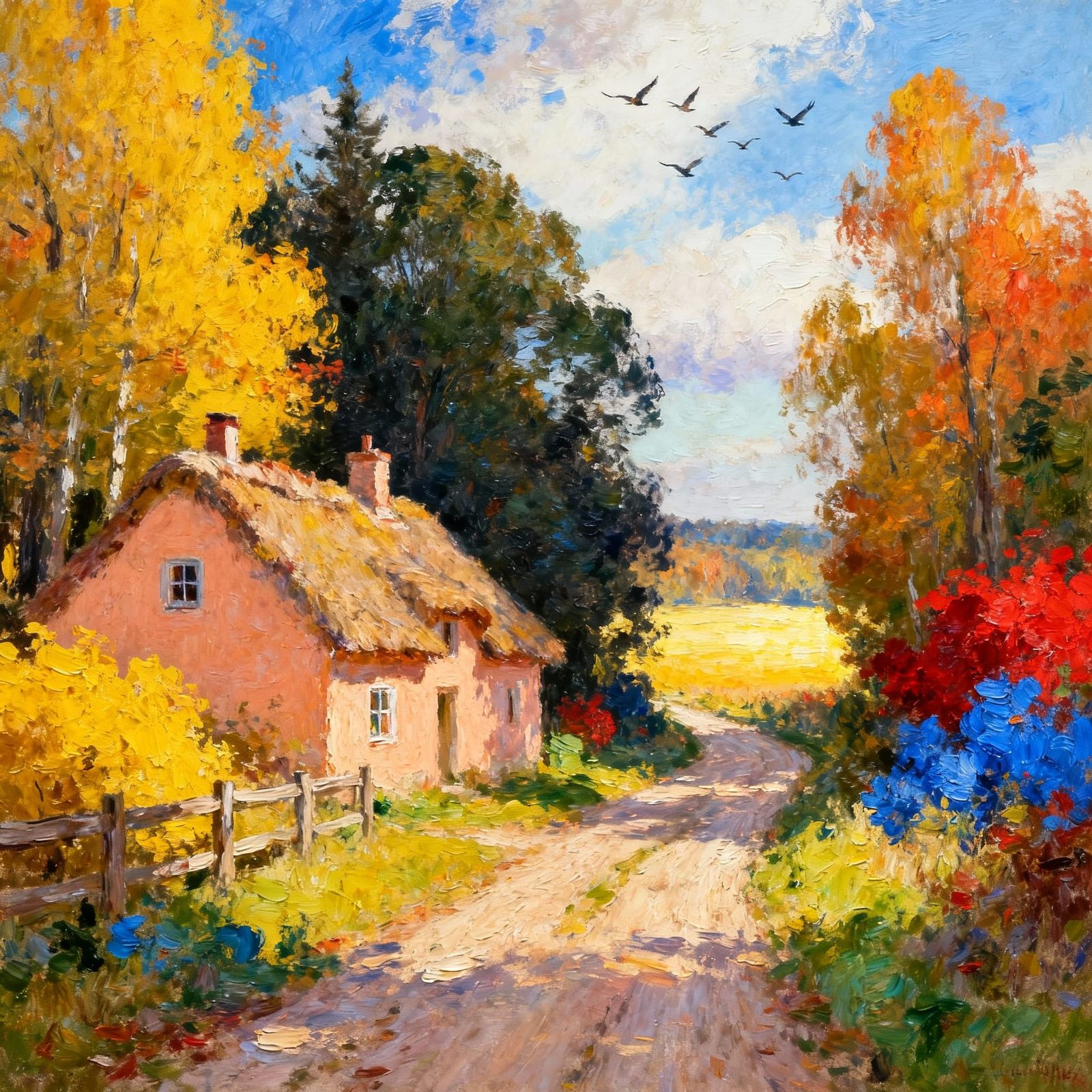 Impressionistic Landscape of Peach Cottages in Autumn Forest