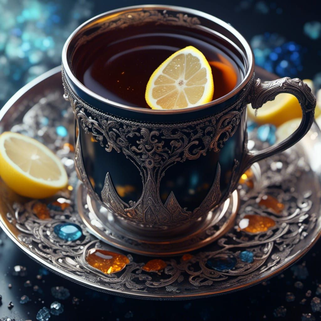 Crystal Teacup Filled with Steaming Black Tea in a Romantic....