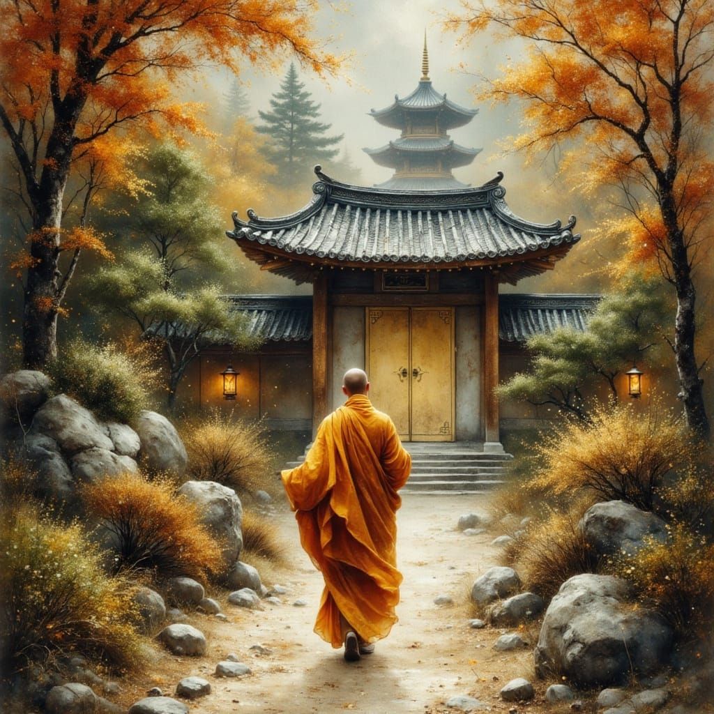 Zen Garden Monk Walking to Temple Door