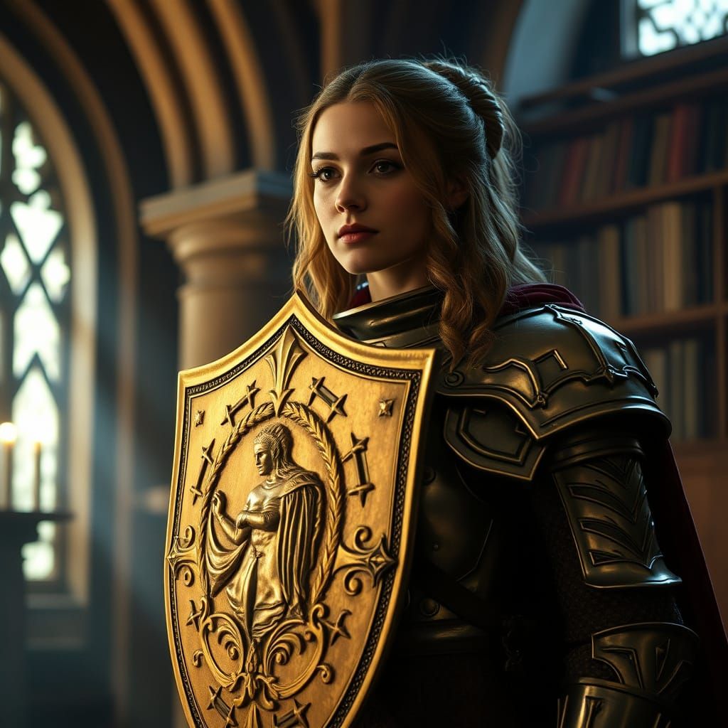 Knight Arrives at Library with Golden Shield