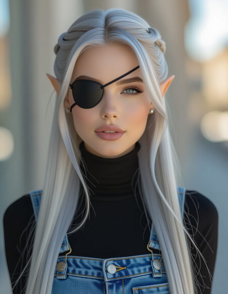 Smiling Silver-Haired Woman in Pirate Eyepatch, Anime Style