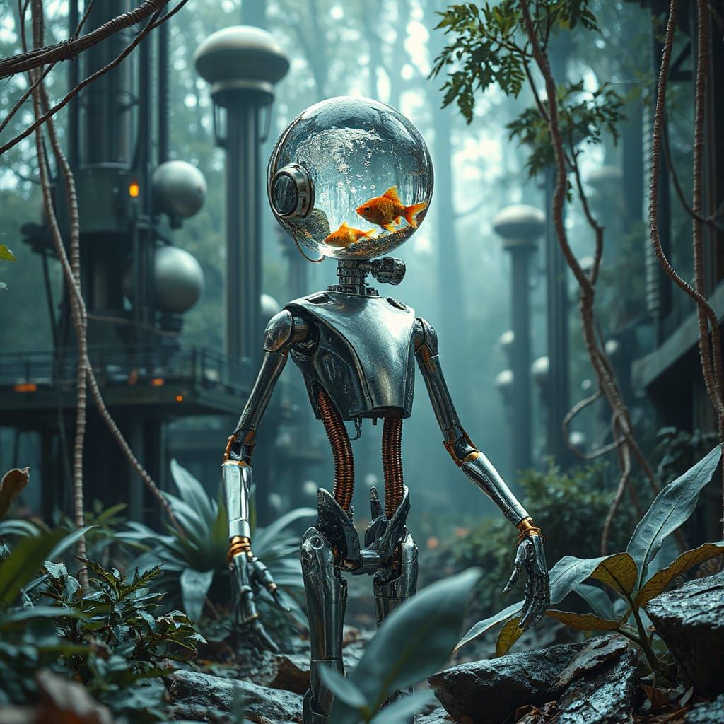 Futuristic Robot with Aquatic Glass Head in Garden