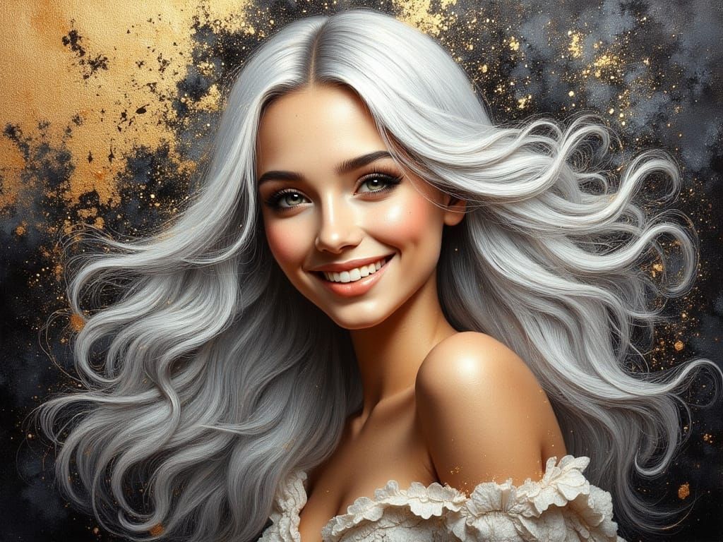 Beautiful Woman with Silver Hair in Oil Painting Style