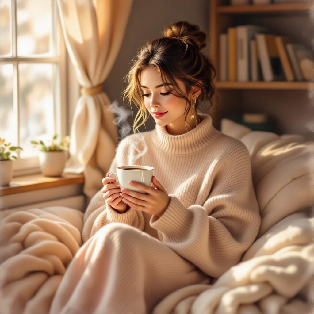 Cozy Reading Nook with Woman and Coffee