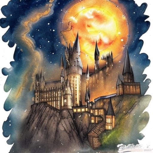 Magical Hogwarts Night Scene in Pop Art Style