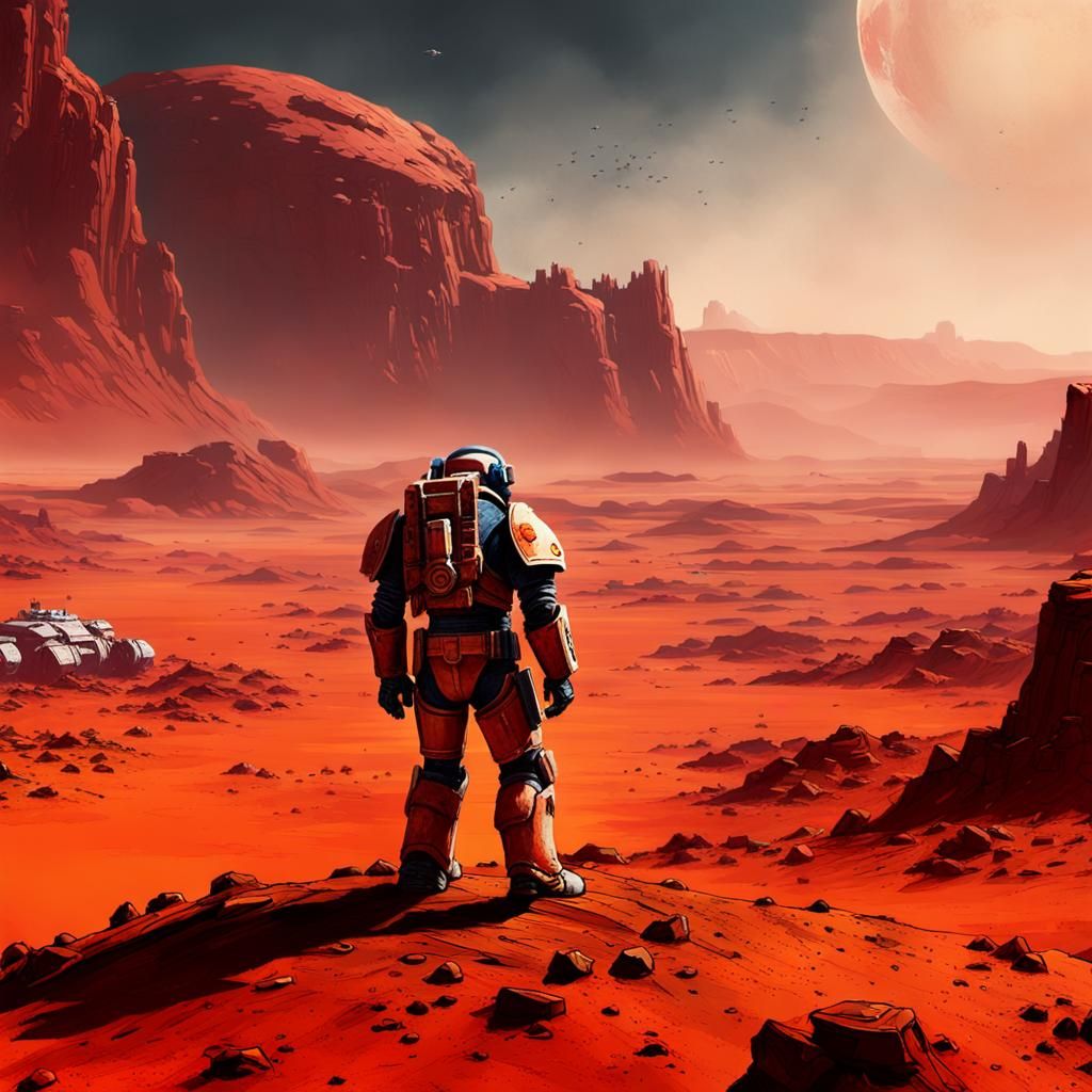 Epic Space Marine Stands Tall in Mars' Rust-Red Terrain