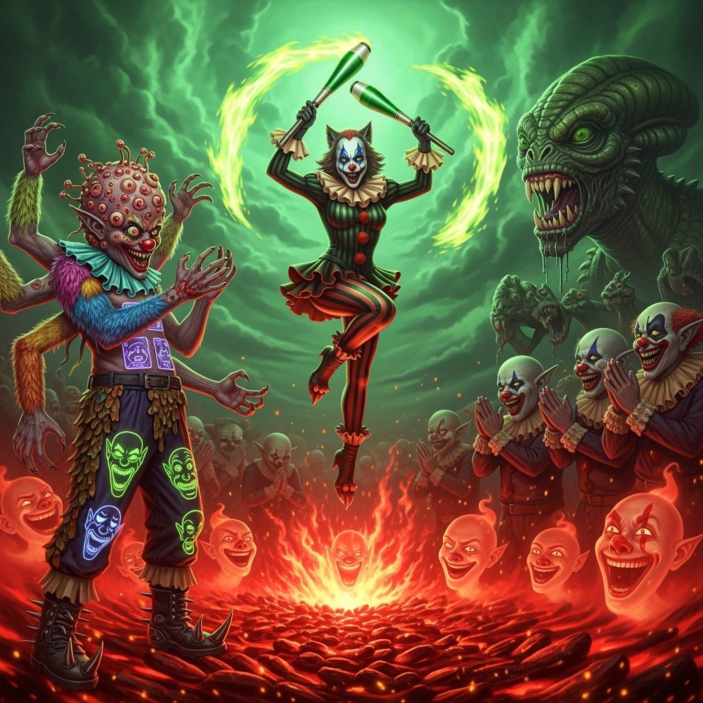 Vaudeville Clown Werewolf with Flaming Batons and Ghost Face...