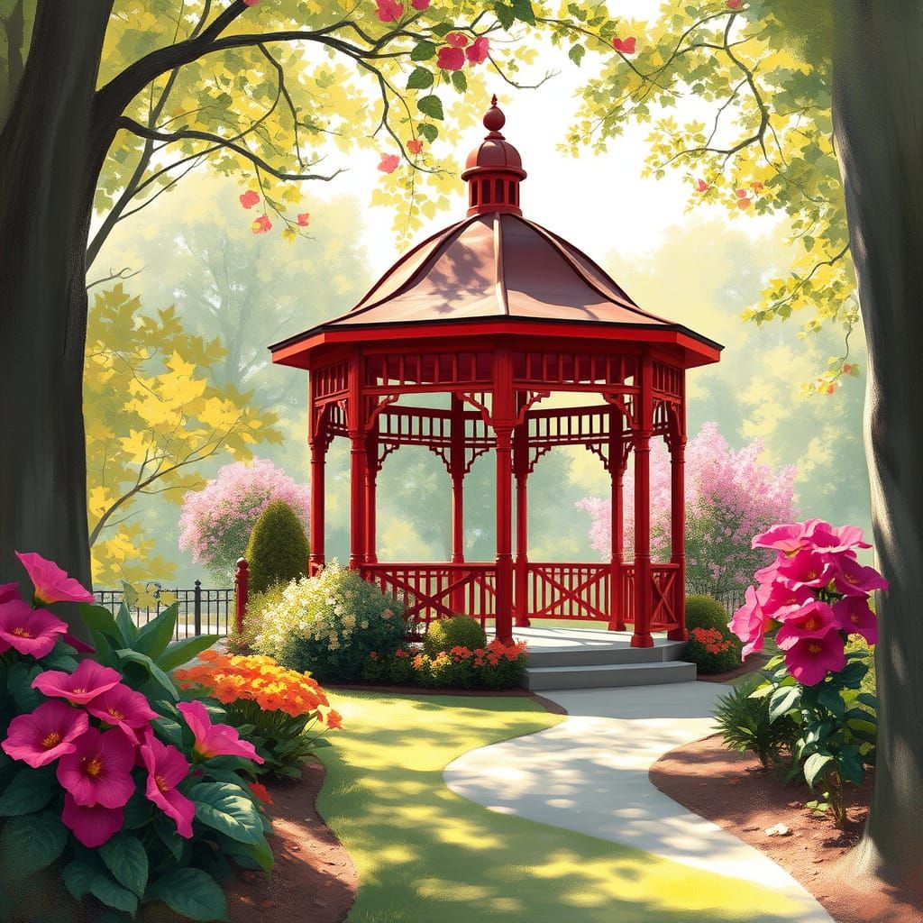 Elegant Red Gazebo in Sun-Dappled Botanical Garden