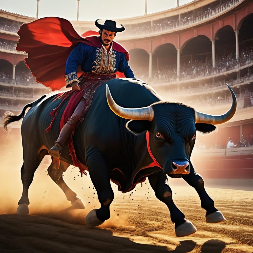 Spanish Bullfighter Dodges Toro in Vibrant Anime Arena