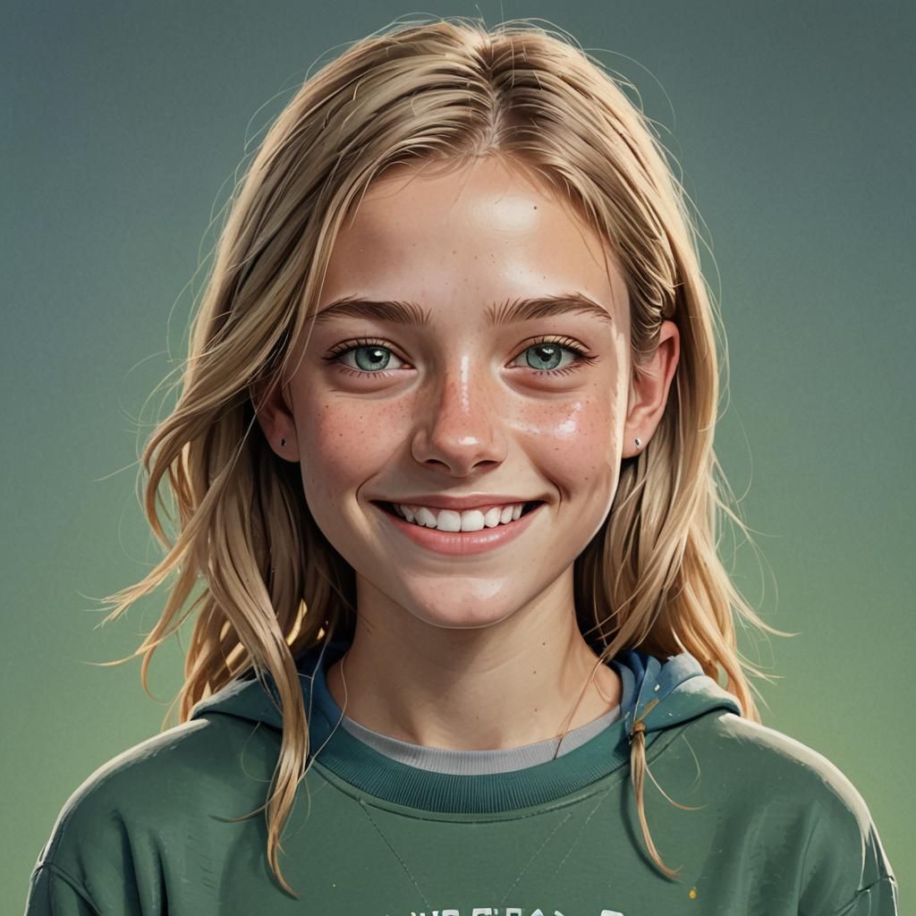 Realistic Girl with Grey Sweatshirt and Green Blue Eyes