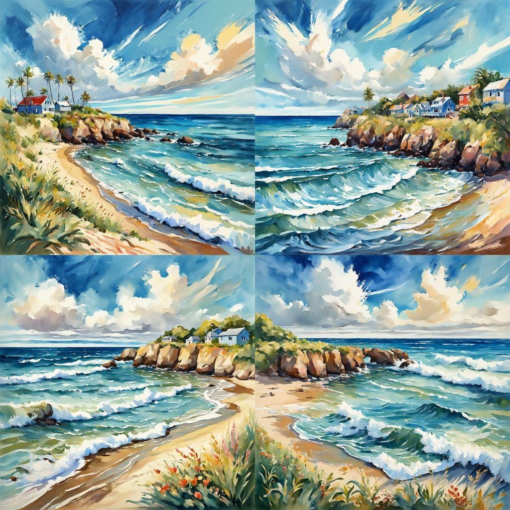 Seaside Scenery in Thick Gouache Style