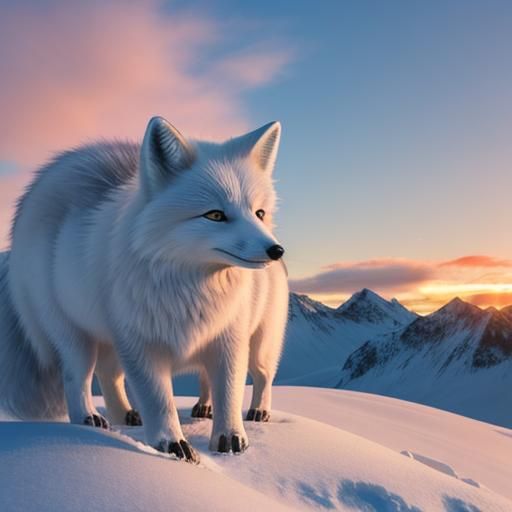 Serious Arctic Fox in Sunset Mountain Scene