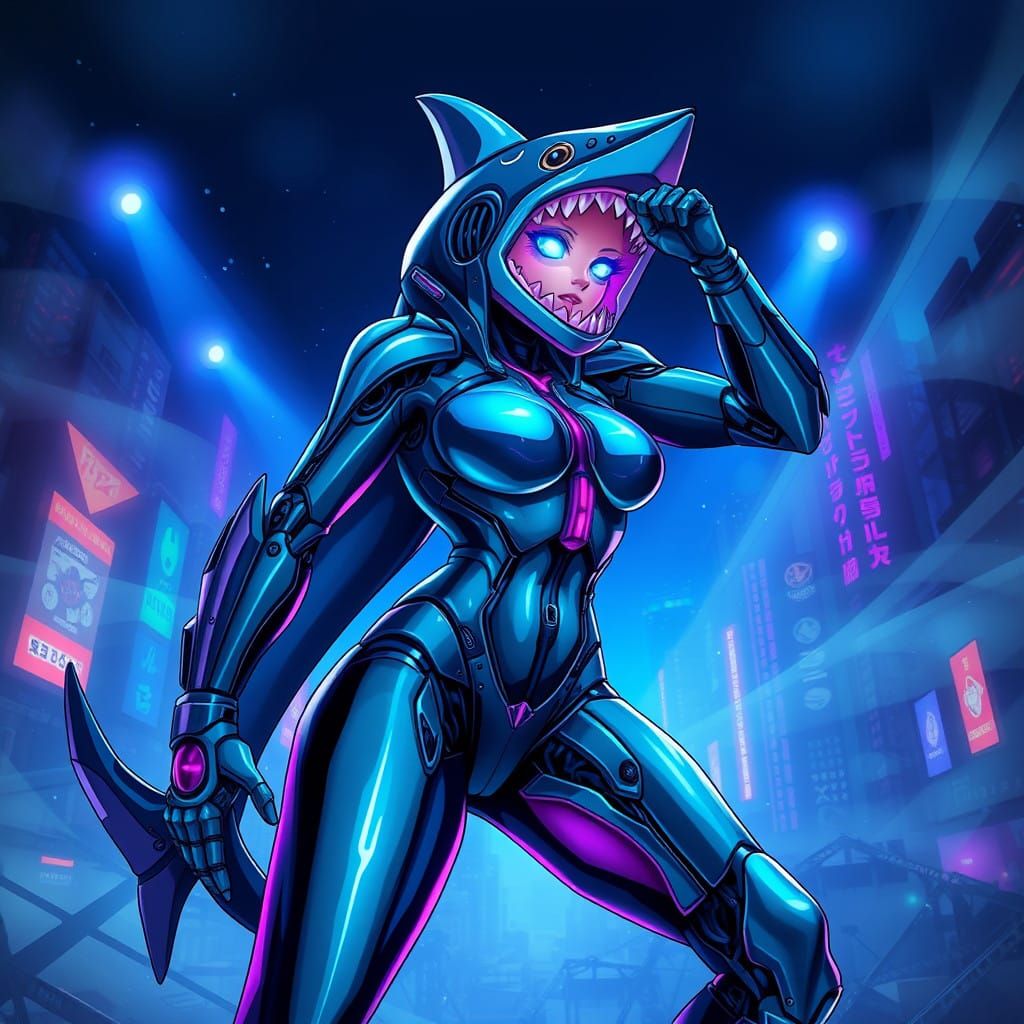 Cyborg Shark Woman Hero in Neon-Lit Underwater Metropolis