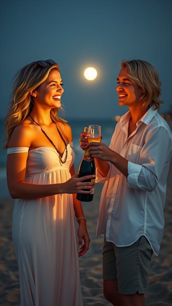 Romantic Beach Champagne Celebration in Art Nouveau Style